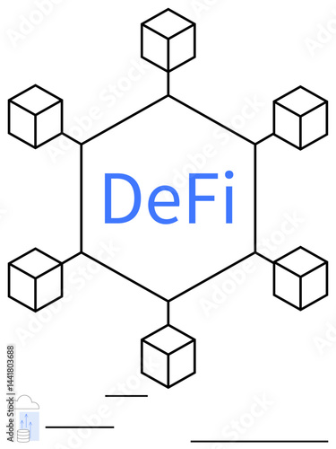 Hexagonal network graph with connected blockchain nodes and DeFi text in blue at the center. Ideal for blockchain, cryptocurrency, technology, decentralized finance, innovation, fintech, networking