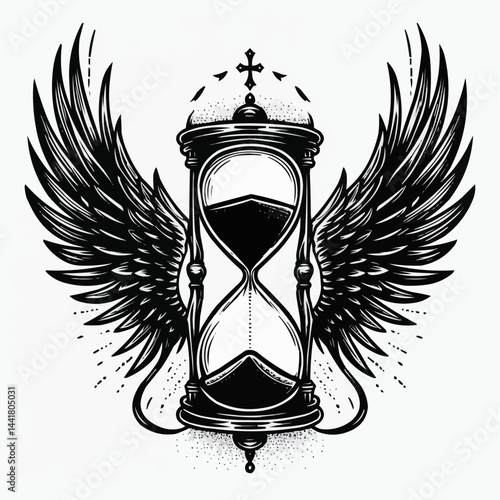 Eternal Passage: A timeless, detailed illustration featuring an hourglass with angel wings. Symbolizing the relentless passage of time and mortality, rendered in a striking black and white aesthetic.