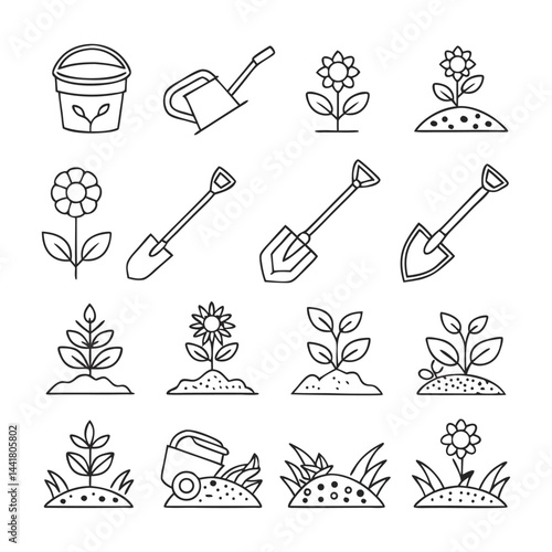 Soil, Ground, and Gardening Line Icon Set – 16 Editable Stroke Vector Illustrations Featuring Farming, Planting, Agriculture, and Landscaping Essentials