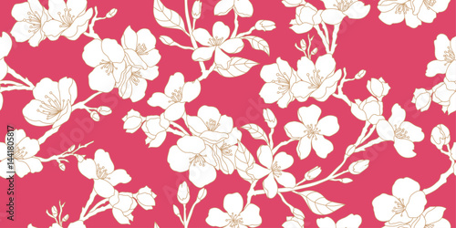Abstract hand drawn sakura flowers, floral seamless pattern for fabric, textile, apparel, poster, cover, banner, wall art, background. Vector illustration.