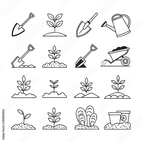 Gardening and Soil Care Icon Pack – 16 Clean Line Style Vector Illustrations for Farming, Planting, Landscaping, Groundwork, and Eco Projects