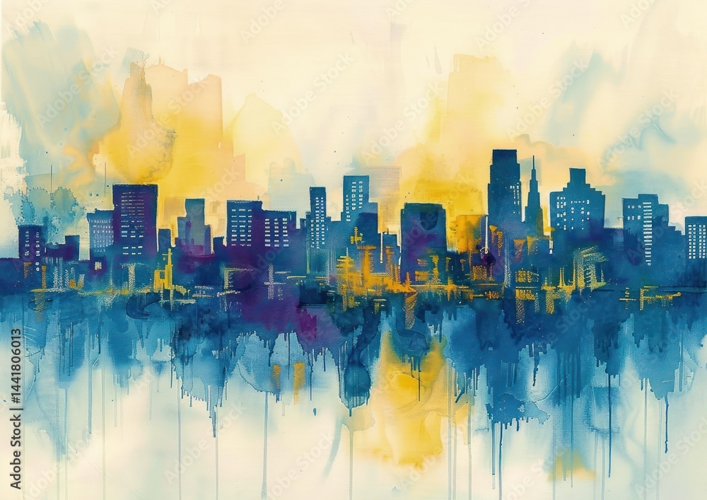 Obraz premium Abstract city skyline at sunset with tall buildings reflected in water, painted in blue, purple, and yellow tones evoking calm and contemplation