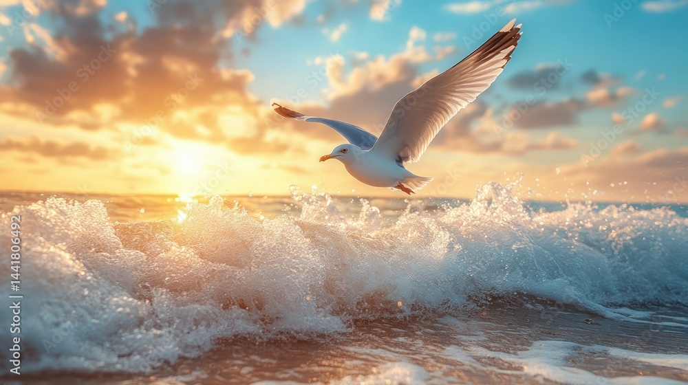 Fototapeta premium Seagull Sunset Ocean Flight.