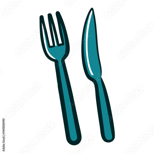 Fork and knife illustration on a plain background, representing dining tools and culinary preparations