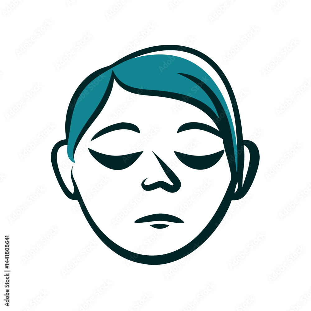 Sleeping face depicted in a minimalist style illustration with closed eyes and teal hair Sleeping face depicted in a minimalist style illustration with closed eyes and teal hair
