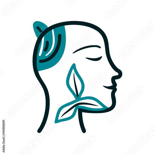Illustration of a serene face with leaves symbolizing mindful breathing and relaxation