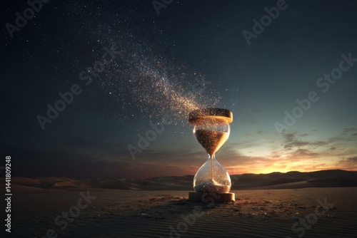 Hourglass in a desert with sand transforming into stars, time slipping away under a twilight sky.