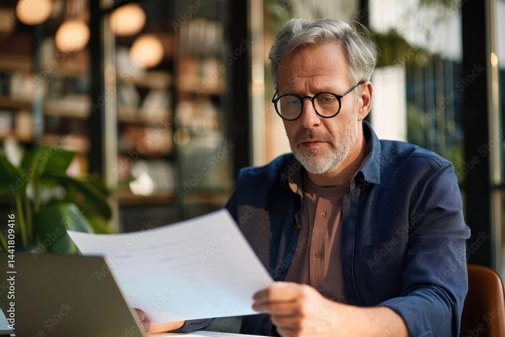person sitting indoors reading a document with a laptop open on the table in a cozy room with plants and shelves in the background person sitting indoors reading a document with a laptop open on the table in a cozy room with plants and shelves in the background