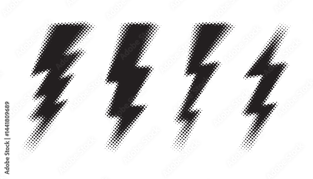 Halftone thunder bolt set. black dotted lightning bolts set. black dotted flash thunderbolt. dotted thunder bolt symbol collection