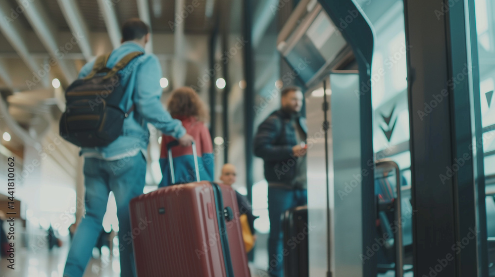 Distressed family holding luggage at airport terminal, travel anxiety and migration concept, worried parents with children waiting for flight departure.