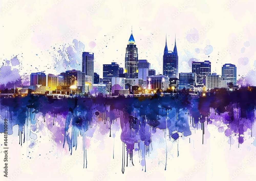 Obraz premium colorful artistic city skyline at dusk with abstract watercolor splashes in purple and blue creating a vibrant urban atmosphere