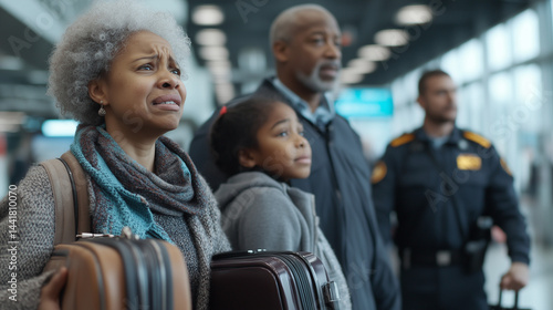 Distressed family holding luggage at airport terminal, travel anxiety and migration concept, worried parents with children waiting for flight departure.
