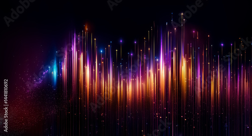 Vibrant, vertical light streaks illuminate a dark background, creating a dynamic, abstract composition with subtle sparkle.  The colors shift from cool blues to warm oranges and purples.