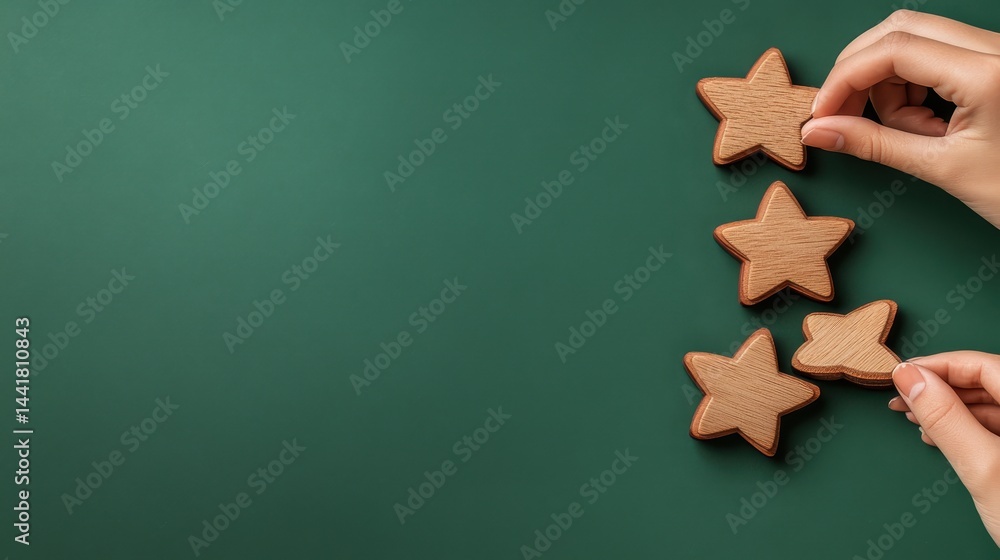 Fototapeta premium Hands arranging wooden stars on a green surface.