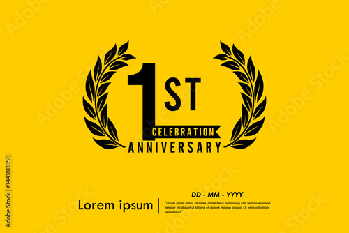 1st year anniversary celebration emblem. anniversary logo isolated with laurel wreath and ribbon on yellow background. vector illustration template design for web, flyers, poster, greeting card