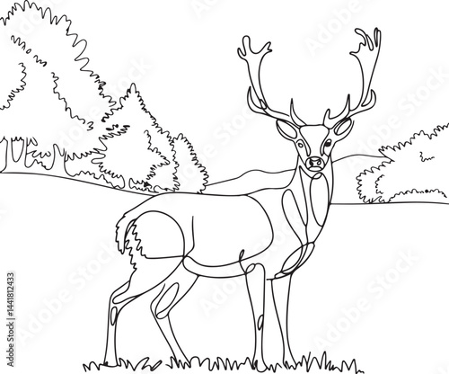 Minimalist continuous line art drawing of a fallow deer standing in a peaceful grassy field with a scenic background of trees and mountains in a black and white composition