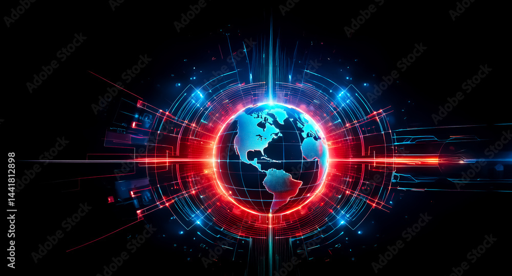 A glowing digital Earth encircled by vibrant red and blue energy streams, symbolizing global connectivity and technological advancement. The image evokes a sense of futuristic technology and worldwid A glowing digital Earth encircled by vibrant red and blue energy streams, symbolizing global connectivity and technological advancement. The image evokes a sense of futuristic technology and worldwid