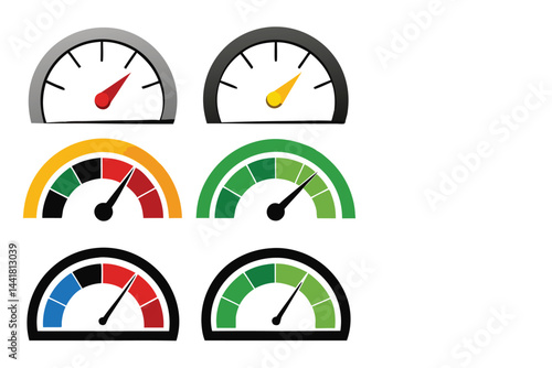 Collection of Six Colorful Speedometer Gauge Icons