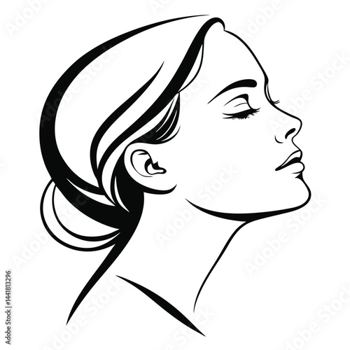 Elegant Woman Profile Line Art Black and White Illustration