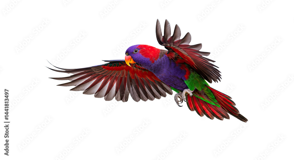 Fototapeta premium Female Moluccan Eclectus Flapping Wings Isolated White Background Studio Shot Red Violet Bird Motion Vivid