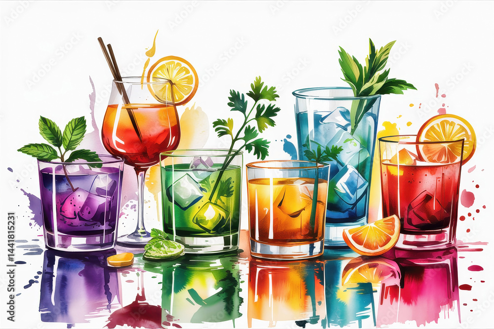 Colorful Rainbow Cocktails on a White Background