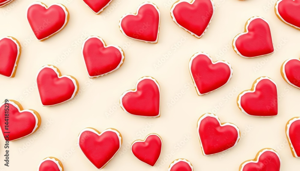 Seamless pattern of red iced gingerbread hearts on a beige background, design, pastel Seamless pattern of red iced gingerbread hearts on a beige background, design, pastel