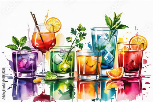 Obraz na płótnie Colorful Rainbow Cocktails on a White Background w salonie