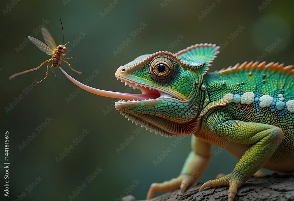 Fototapeta premium Chameleon's Strike: Vibrant Green Reptile Captures Insect