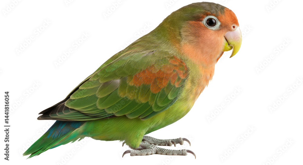 Fototapeta premium Rosy-faced Lovebird Perched Side Profile Isolated Transparent Background Sharp Feather Texture Bird PNG