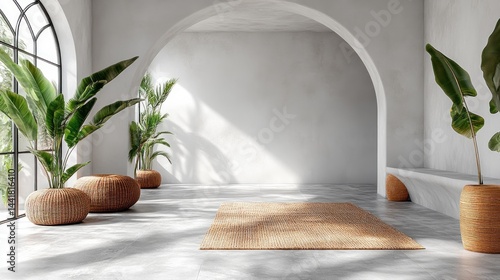 Serene Minimalist Interior Design: Sunlit Room with Tropical Plants and Woven Accents