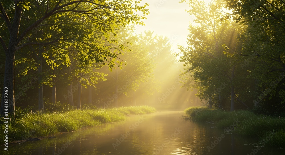 Fototapeta premium Tranquil River Flowing Through Forest with Sun Rays and Greenery