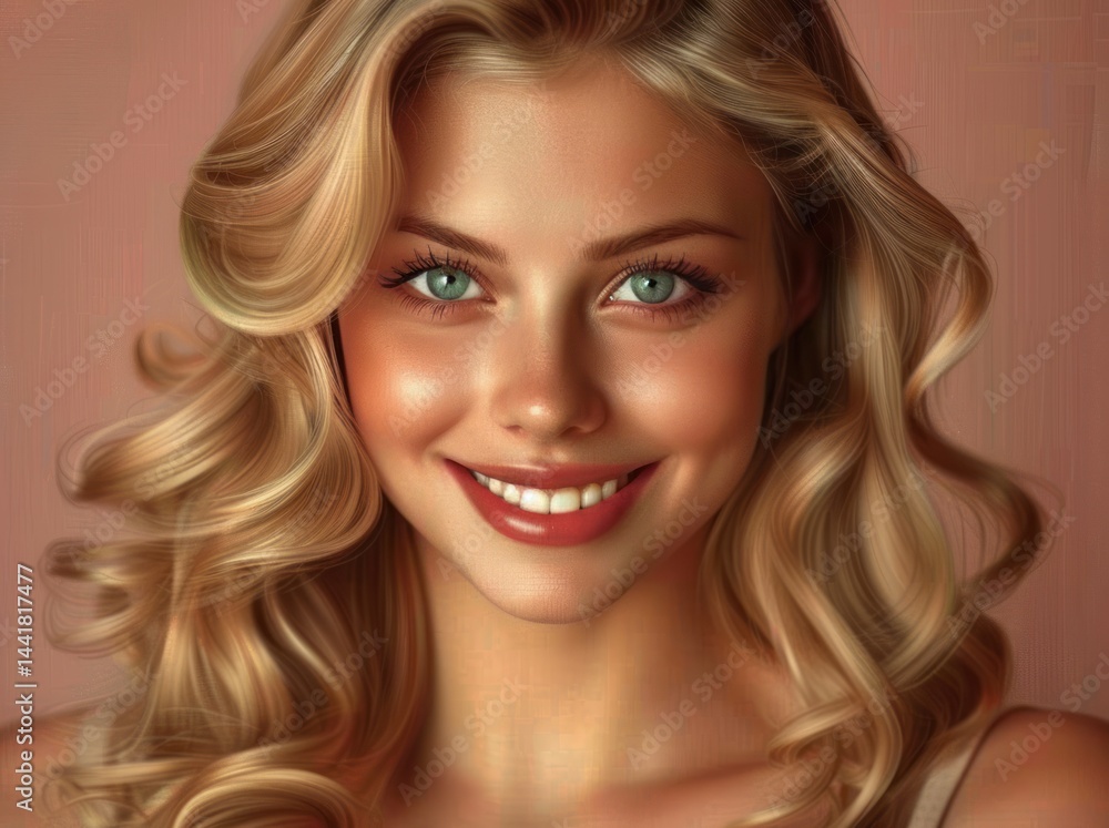 close-up of a person with long, wavy blonde hair wearing a spaghetti strap top against a muted pink background close-up of a person with long, wavy blonde hair wearing a spaghetti strap top against a muted pink background