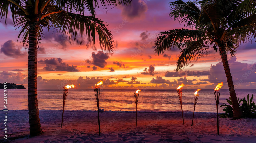 Tropical Beach Sunset with Tiki Torches