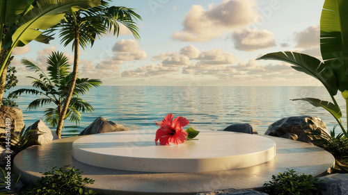 Hibiscus flower on a circular platform at the beach