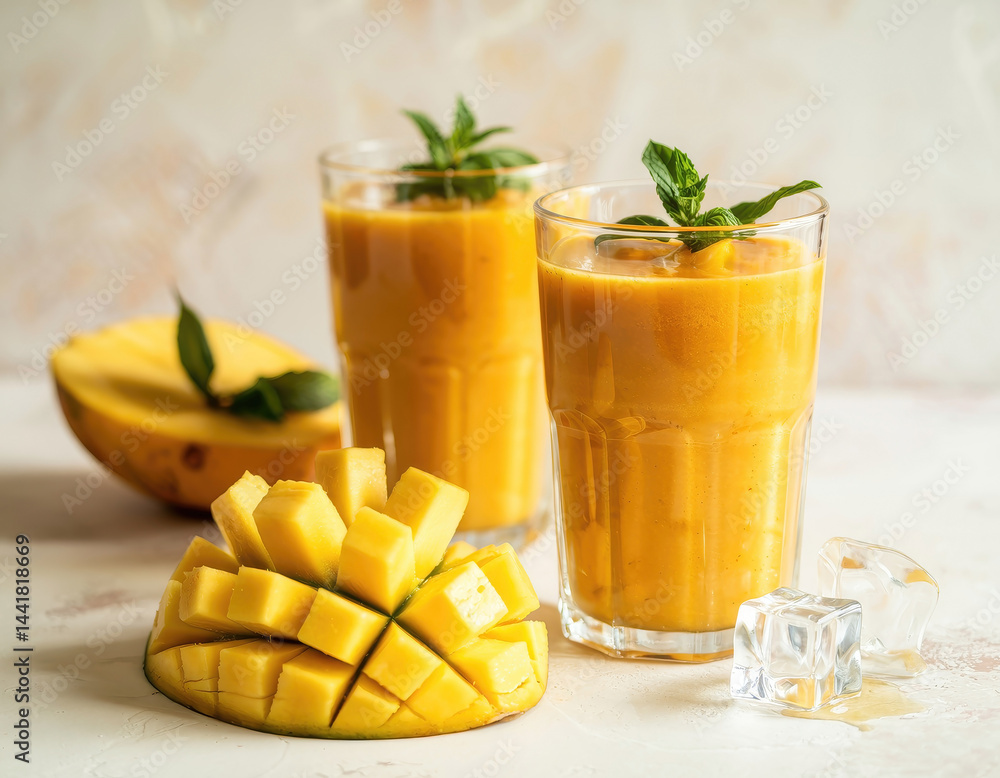 Mango Smoothie with Ice Cubes and Fresh Mint