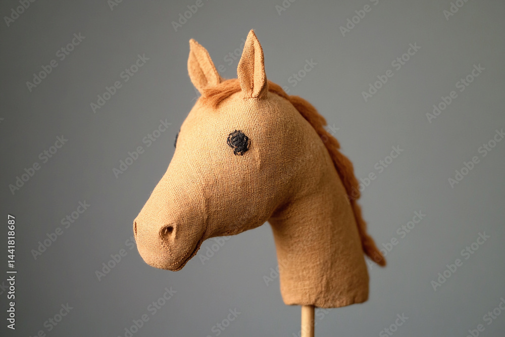 Toy hobbyhorse with a detailed horse head, playful and nostalgic concept, isolated on background, symbol of childhood fun
