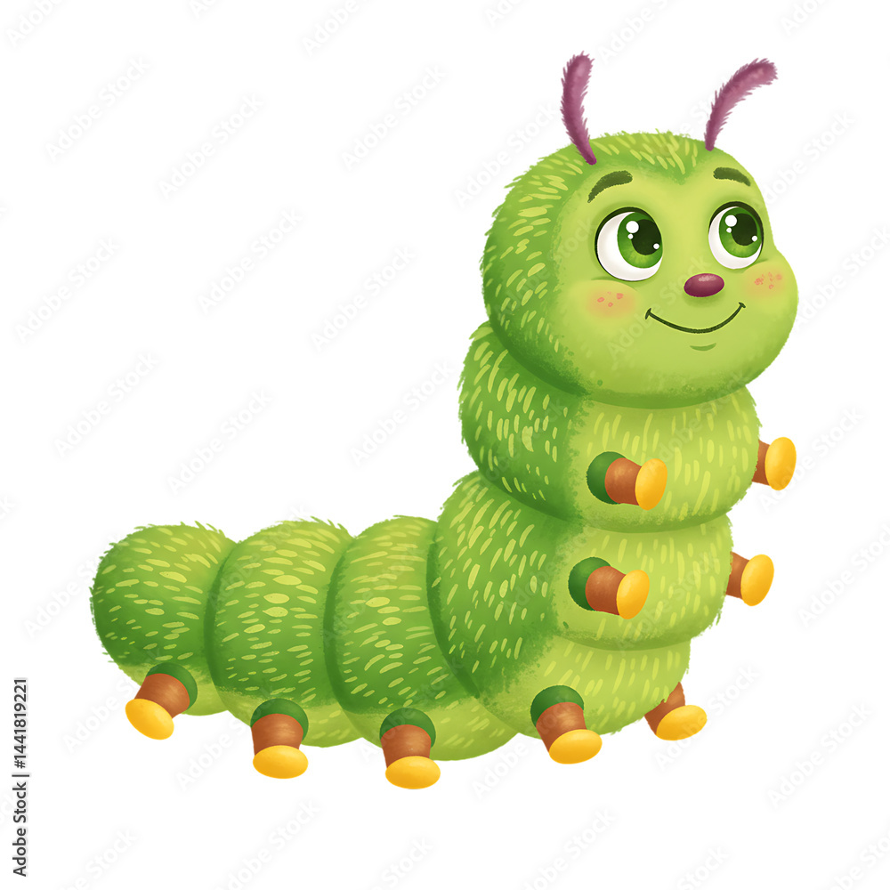 Fototapeta premium Cute Green Caterpillar Cartoon Illustration