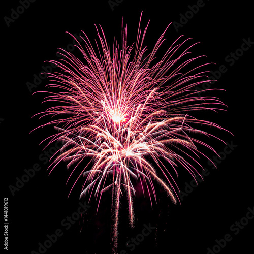 Colorful celebration fireworks isolated on a black sky background.