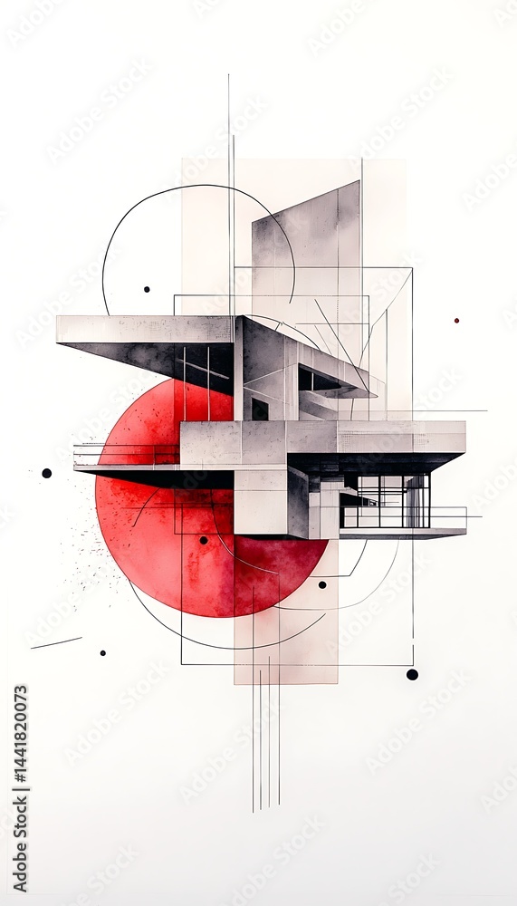 Abstract architectural illustration with floating house, geometric shapes, and bold colors Abstract architectural illustration with floating house, geometric shapes, and bold colors