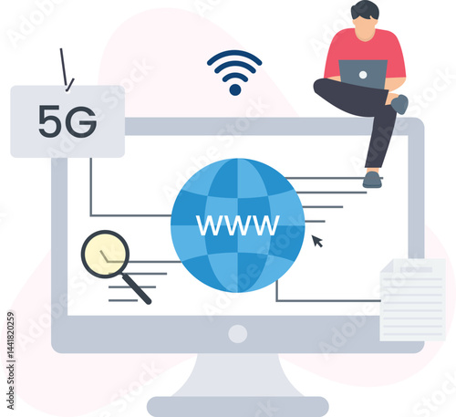 Illustration depicting modern internet connectivity with a focus on 5g technology. A person with a laptop symbolizes digital communication and global access through the web

