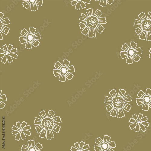 Seamless pattern with delicate white flowers on olive background. Hand drawn vector illustration for wrapping paper, textile, fabric.