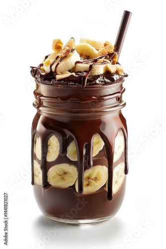 Chocolate Banana Smoothie in Mason Jar, Chocolate Drizzle, Banana Slices, Isolated on White, 2:3