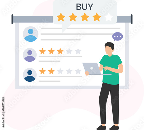 Marketing specialist using laptop and analyzing customer reviews and five star ratings on large projection screen, planning successful marketing strategy

