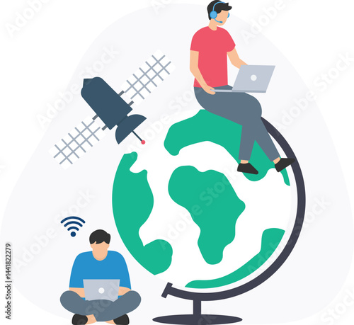 Two programmers are working on their laptops, symbolizing global internet access facilitated by satellite communication and ensuring worldwide connectivity

