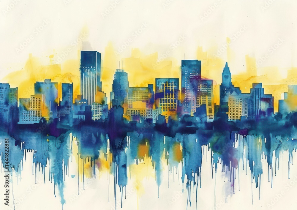 Obraz premium abstract watercolor city skyline with tall buildings and reflections blending vibrant yellow and deep blue tones creating a dynamic and artistic urban atmosphere