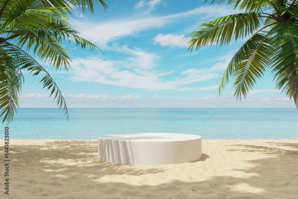 Empty circular platform on the beach under palm trees
