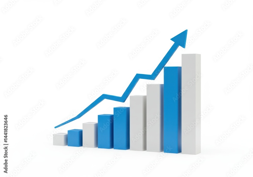 Ascending graph with blue arrow and bar chart against a white backdrop Ascending graph with blue arrow and bar chart against a white backdrop
