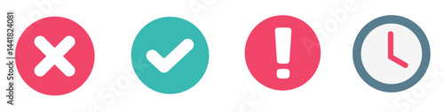 Pending awaiting clock icon vector set, cancel order delivery shipping sign symbol, wrong cross correct checkmark status sign symbols simple flat, failure success checkmark notice clip art