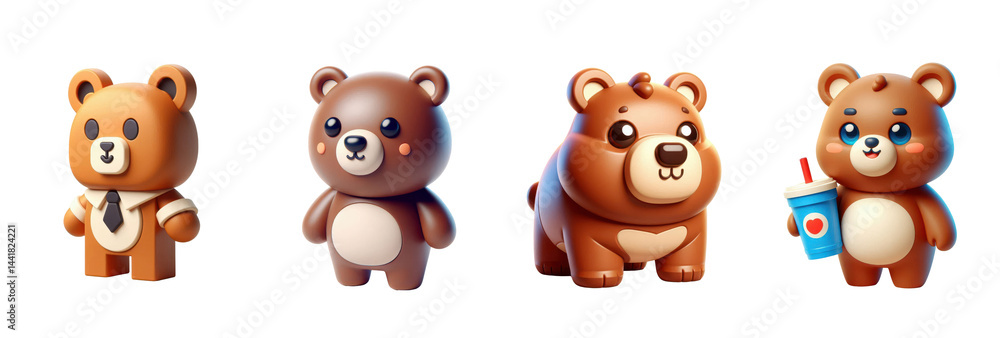 Set of Four 3D Bear Icon Isolated on Transparent or White Background Set of Four 3D Bear Icon Isolated on Transparent or White Background