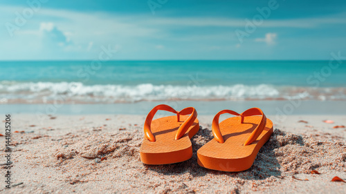 Orange flip-flops lying on warm sandy beach with turquoise ocean waves, bright blue sky and gentle sunlight, peaceful summer travel and relaxation holiday concept.